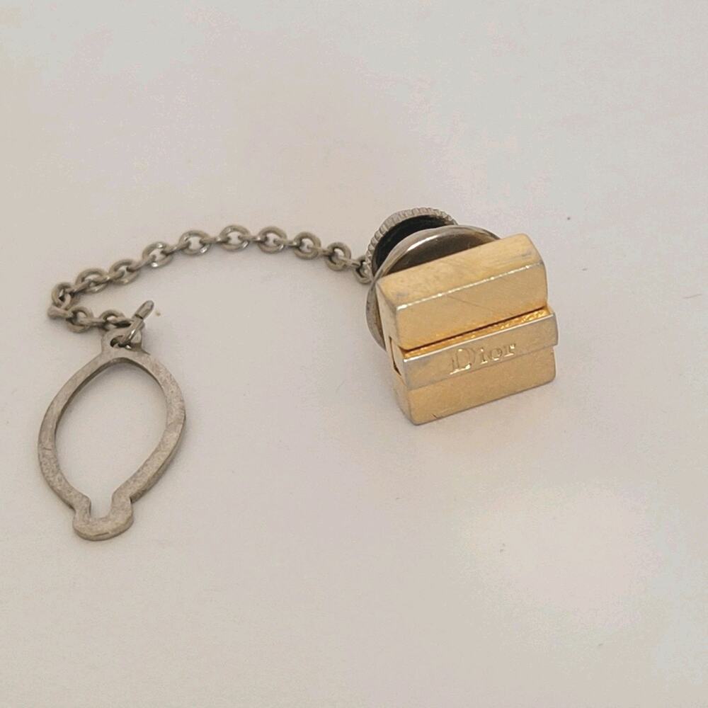 Christian Dior Tie Necktie Pin Clasp Gold Tone Logo Squere Vintage Small Logo